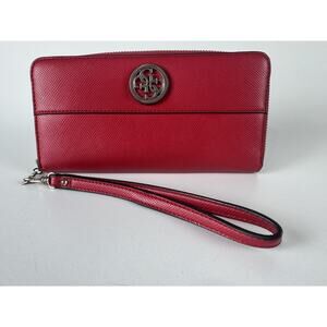 VTG Guess Wallet Womens Red Zip Around Wristlet Leather Logo Clutch Purse Bag